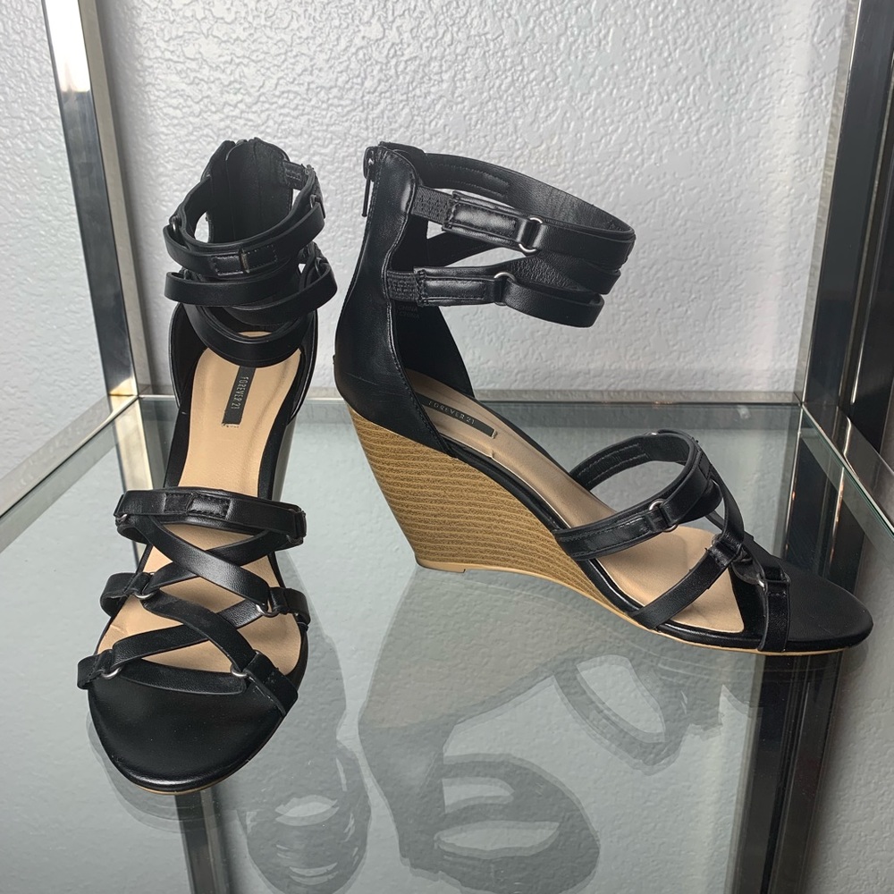Black Strappy Wedge Heel